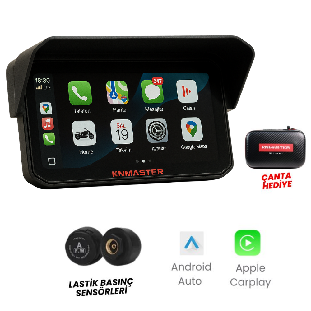 KNMASTER MOTOPLAY 1500-6.25” TPMS SENSÖRLÜ KABLOSUZ CARPLAY& ANDROİD AUTO DESTEKLİ MOTOSİKLET MULTİMEDYA EKRANI