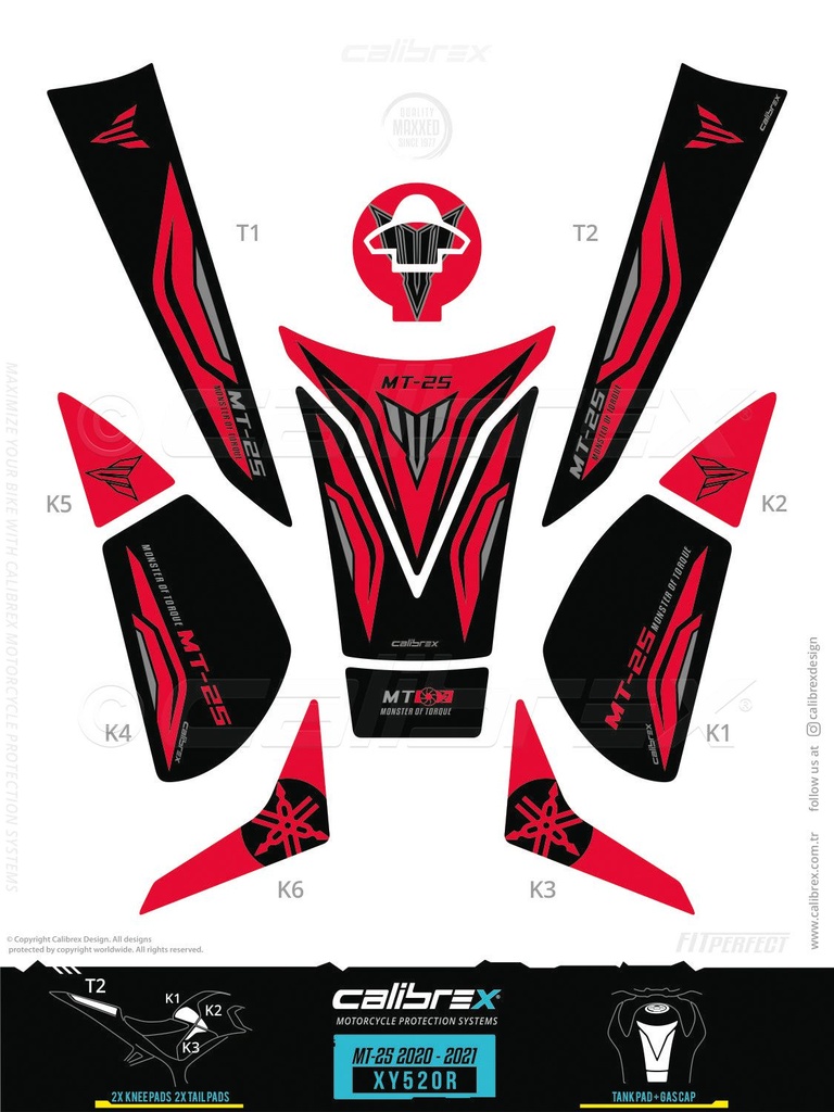 YAMAHA MT-25 DEPO DİZ KUYRUK KORUMA PAD FULL SET CALİBREX KIRMIZI XY520R