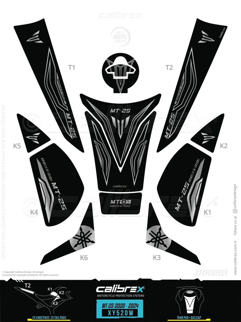 YAMAHA MT-25 DEPO DİZ KUYRUK KORUMA PAD FULL SET CALİBREX SİYAH GRİ XY520W 