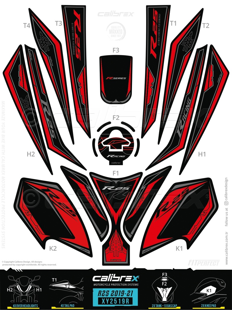 YAMAHA YZF R25 DEPO DİZ KUYRUK KORUMA PAD FULL SET CALİBREX KIRMIZI XY2519R